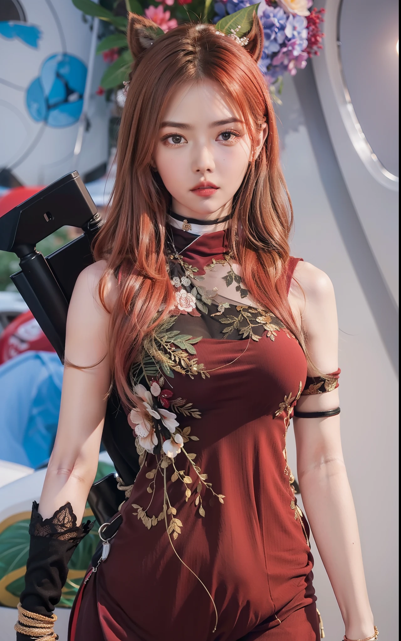 (Extremely detailed, Underground parking, fine, slightly fat, Busty, ???????????, ???????????, M cups, Red crew neck dress, conservative, gentle face, large aperture, Close-up of people)