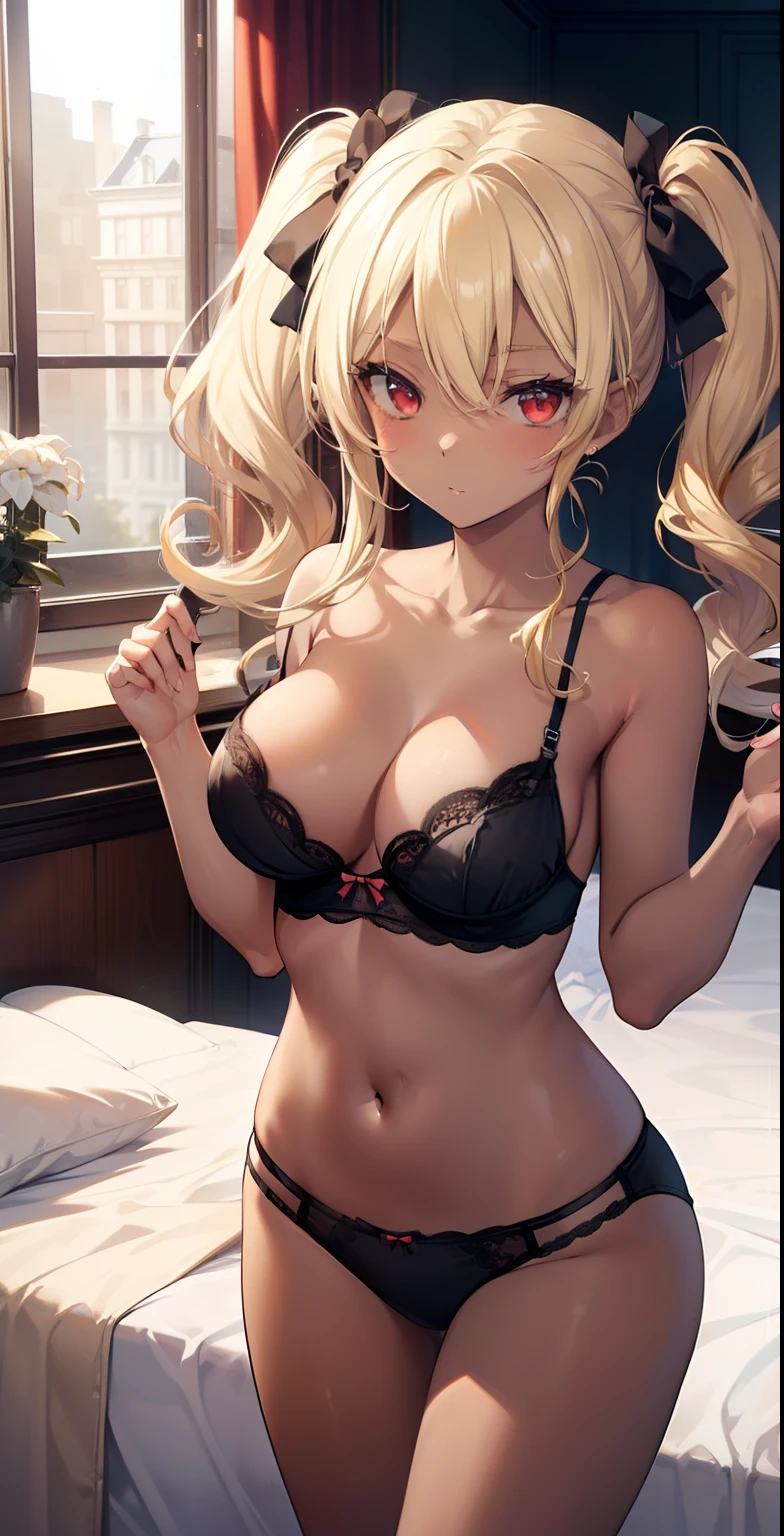 (masterpiece: 1.2, best quality), 1 lady, solo, sexy lingerie, lingerie details, in the bedroom, bedroom game, day, standing in the bedroom, blonde, twintails, red eyes, open collarbone, dark skin, ( open breasts: 1.1),