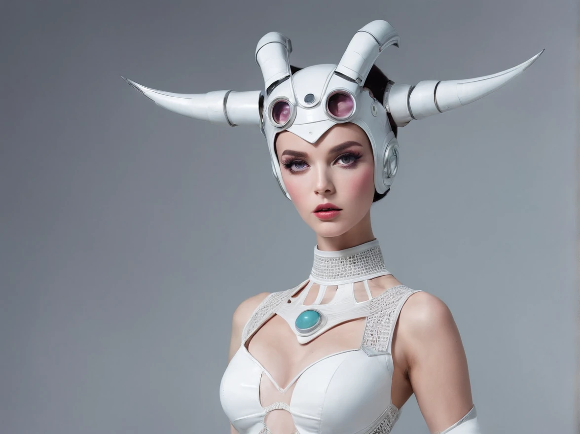 4k image from a 1960s science fiction film by Wes Anderson, (((NSFW))), ((perfect body)), large breasts:1.3, perfect face, expressive eyes, ,Breathtaking demonic woman with horns dressed in sexy lingerie posing for a photo , 1960 - O Wes Anderson, asas de anjo nas costas, pastels colors, Retro-futuristic fashion clothes from the 60s, ), Retro-futuristic fashion clothes from the 60s with old robots, Luz Natural, Psicodelia, futurista estranho, retro-futurista, photo-realistic, (((full body shot))), Sharp background details.