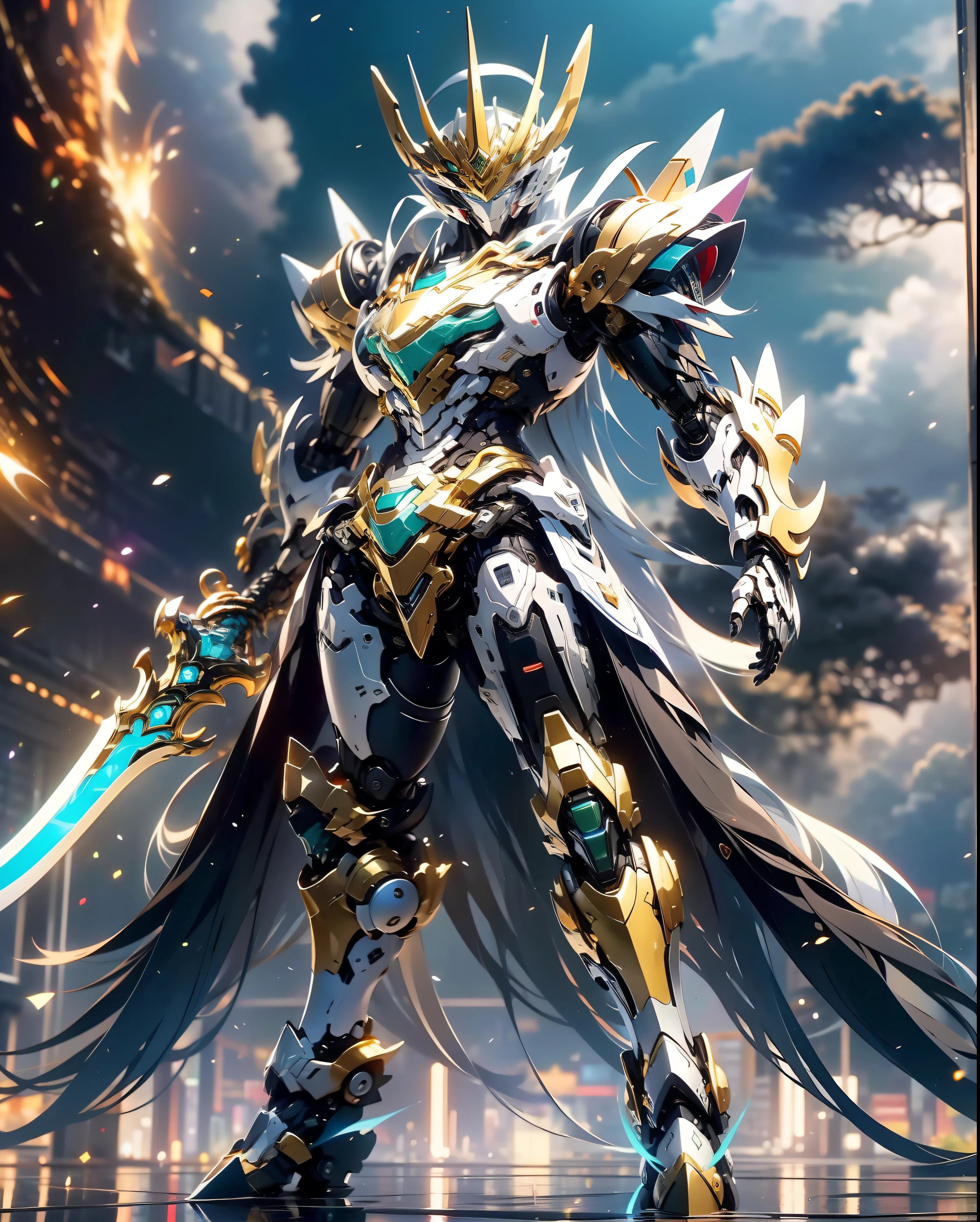 super wide shot, Full body frontal photo,Mecha male warrior， Jade Emperor style,《The mech colors are gold and silver-white》，（《Holding the Xuanyuan sword》，The sword is full of futuristic technology，），（Full body mecha）, Keqing from Genshin Impact, (Masterpiece) ， The best quality， High quality，Gold armor，电影灯光， （Exquisite future）， Beautiful and beautiful， Ultra detailed， great composition， Floating， Depth of field， （Very detailed CG，Unity 8k壁纸）， （Beautiful detail background）， dramatic lights， GOGETTA， Mecha，best qualtiy，超高分辨率，