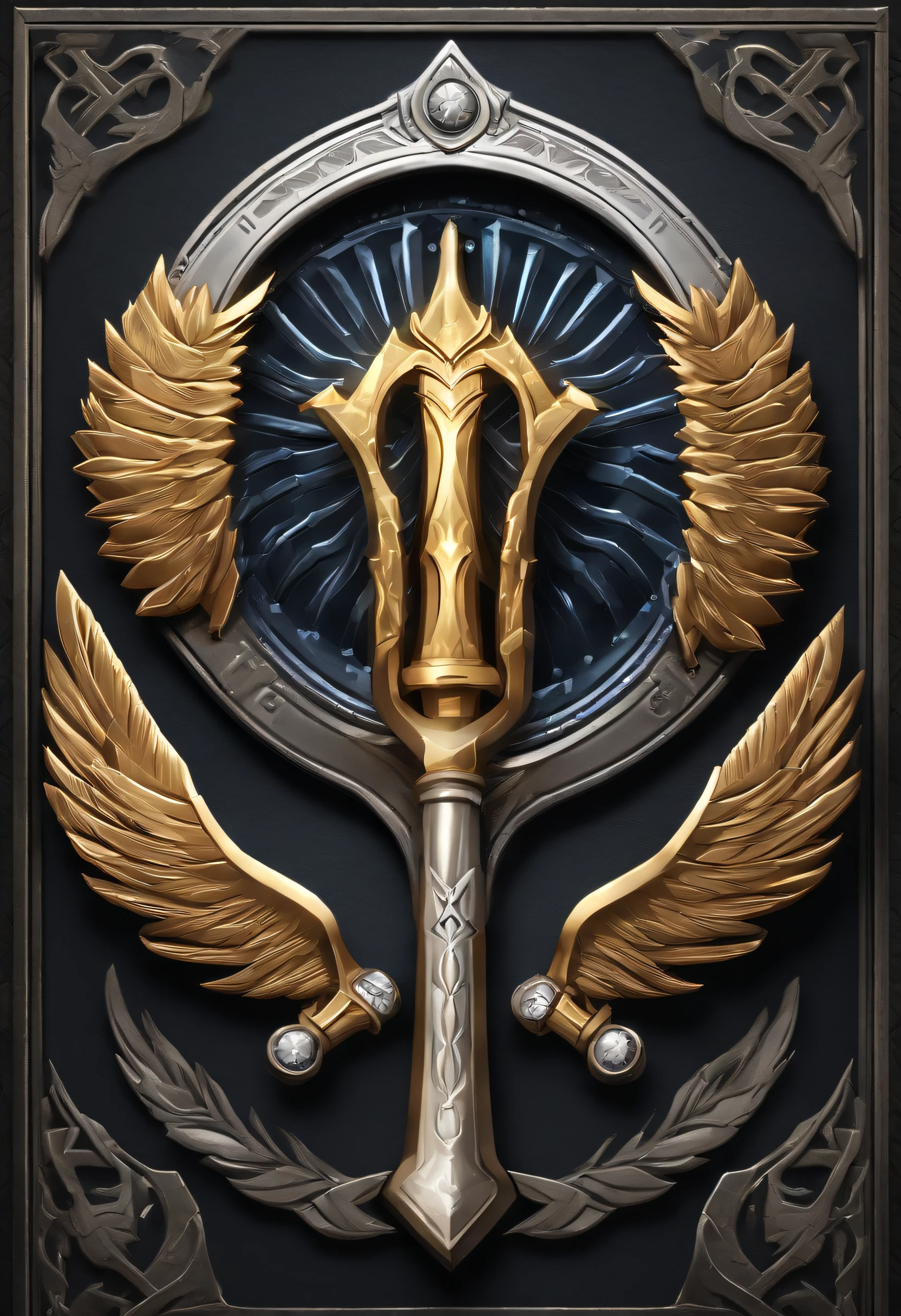 (Game achievement badge design),silver medal,Flat 2D Effects,Wheat border ears,(In the center of the medallion are wings、There is an icon at the intersection of the hammer and wrench)、sword and magic