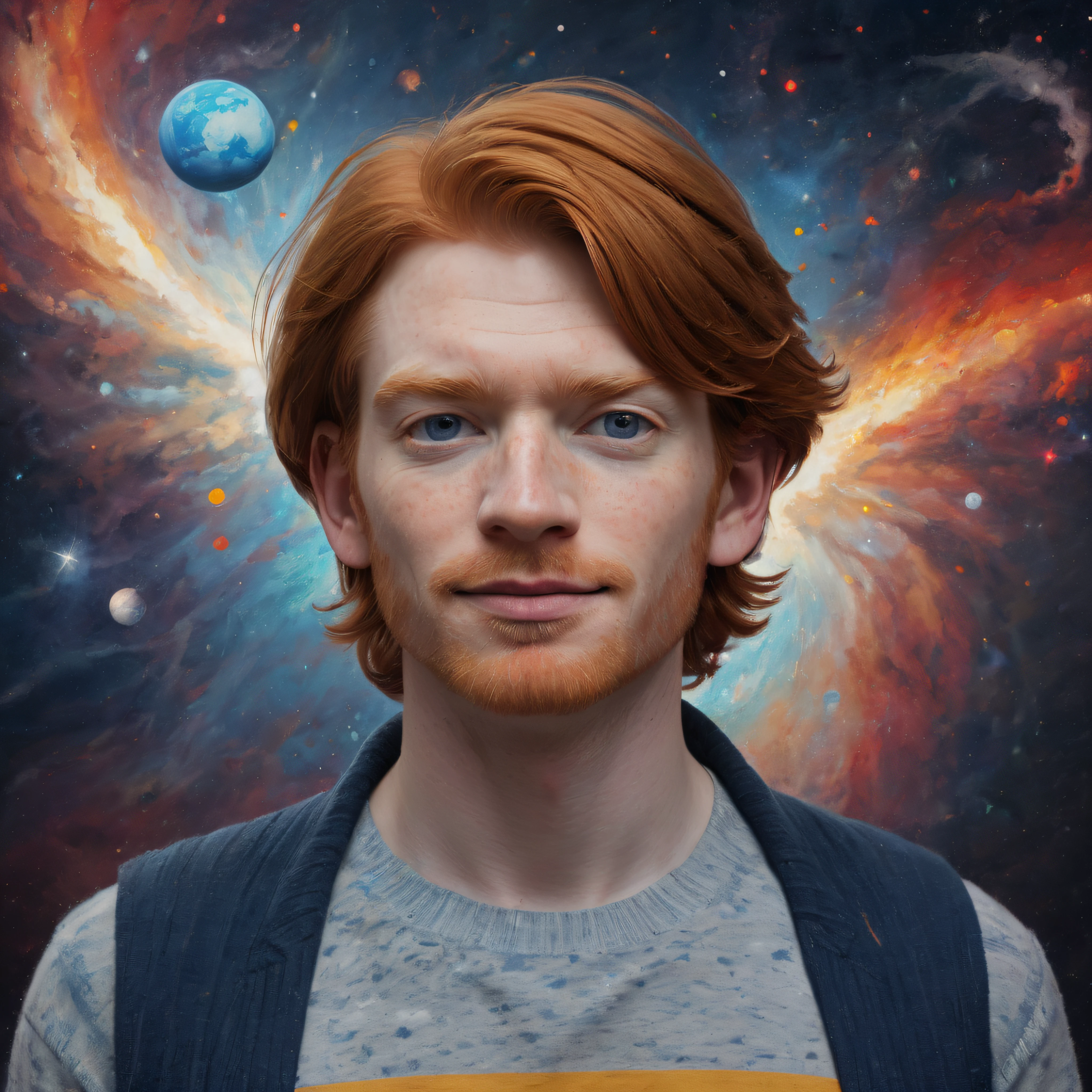 Head to shoulders portrait of Domhnall Gleeson as Jimmy Olson, with bright auburn hair, and a face full of Freckles, wearing a blue and white striped t-shirt, a gray cardigan sweater, blue jeans and a pair of bright red converse tennis shoes, extremely colorful, planets and stars, and galaxies in the background, multicolored lightning, fog, clouds, Oil painting on canvas in the art style of Frank Frazetta