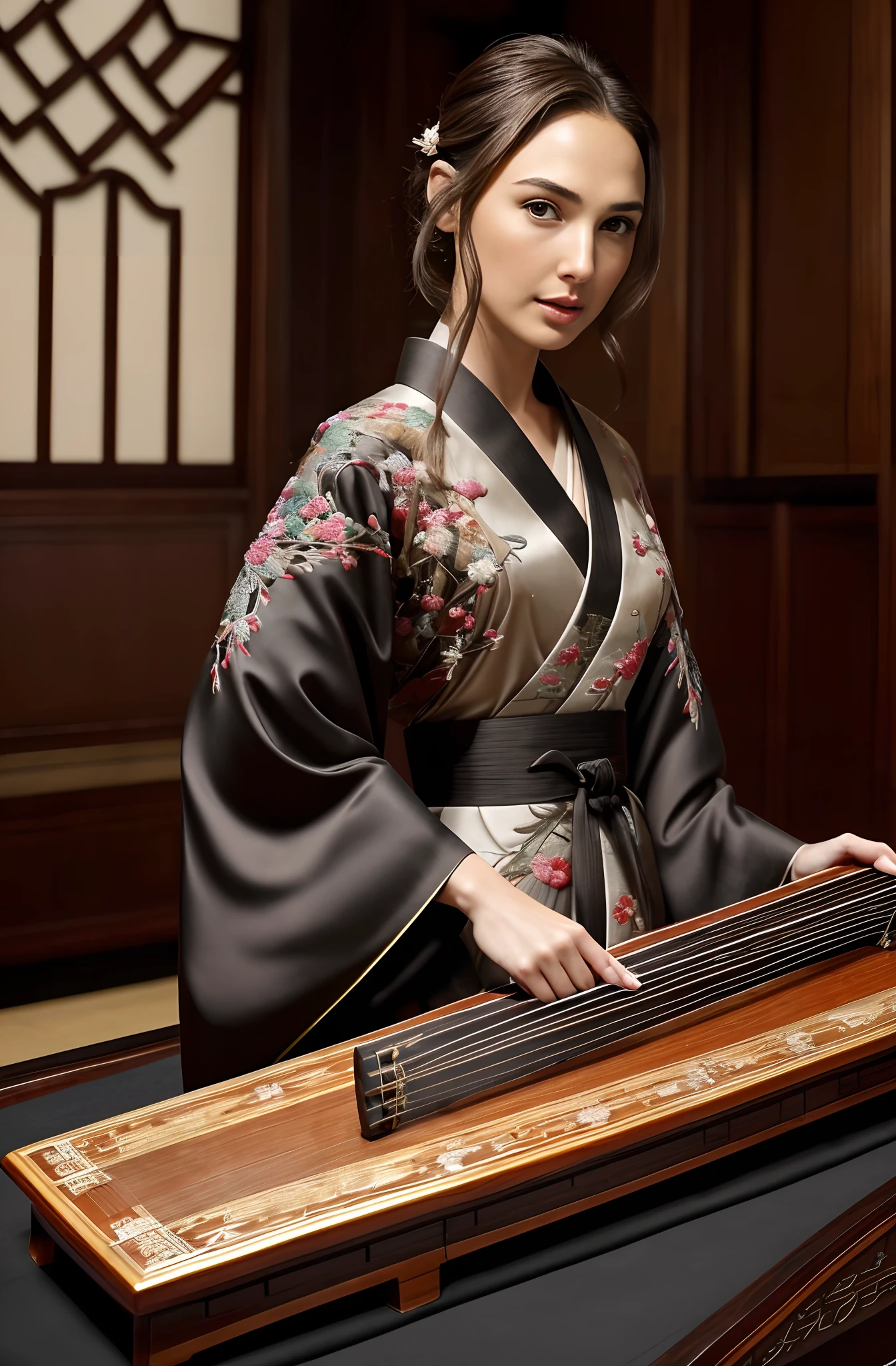 Gal Gadot, woman , Perfect eyes, Beautiful face,pale brown hair, short detailed hair, bobo head, side parted hair,Background of details(Concert Hall),Break ,exquisite costumes(Luxury kimono(black kimono(Detailed Embroidery))),Break,,(Play the guzheng:1.2),Break,Wallpapers 16K,blur backgroun,(masutepiece:1.5), (Best quality:1.5),