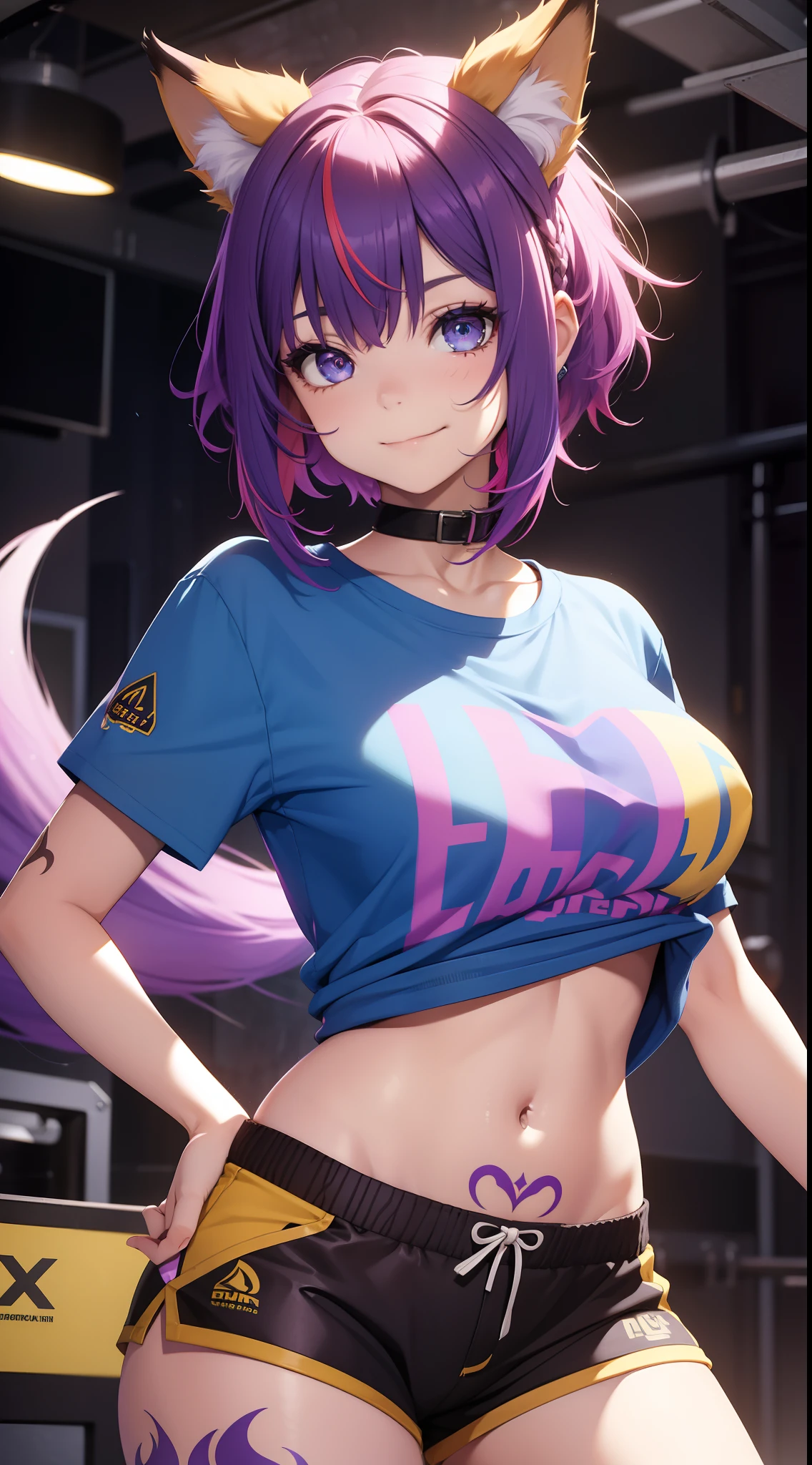 young girl, multi-colored hair, Short purple hair with yellow tips, Fox ears, blue eyes, Smile, open belly, Purple T-shirt, Huge-breasts, red tattoos, Shorts, Masterpiece, hiquality, 4k, HD, Good detail
