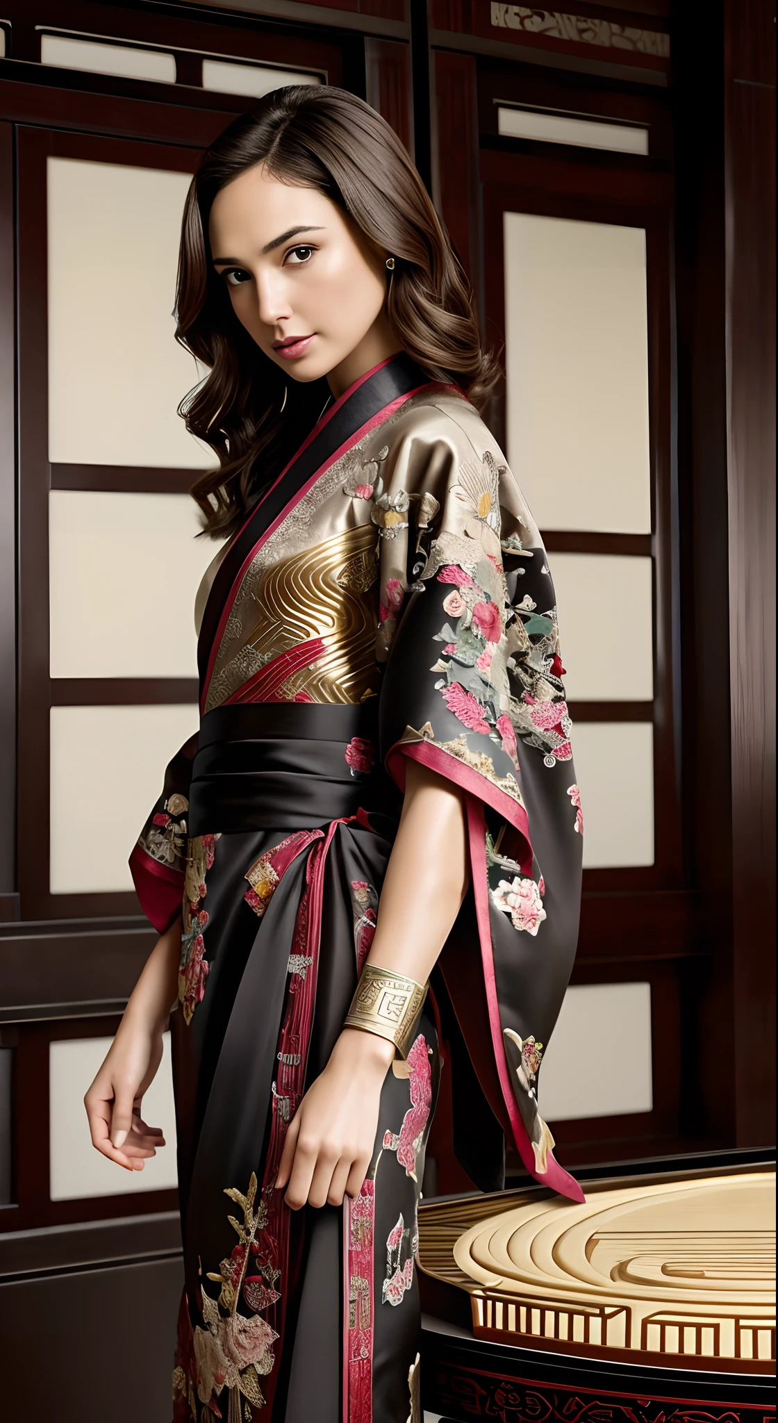 Gal Gadot, woman , wonder women,Perfect eyes, Beautiful face,pale brown hair, short detailed hair, bobo head, side parted hair,Background of details(Concert Hall),Break ,exquisite costumes(Luxury kimono(black kimono(Detailed Embroidery))),Break,,(Play the guzheng:1.2),Break,Wallpapers 16K,blur backgroun,(masutepiece:1.5), (Best quality:1.5),