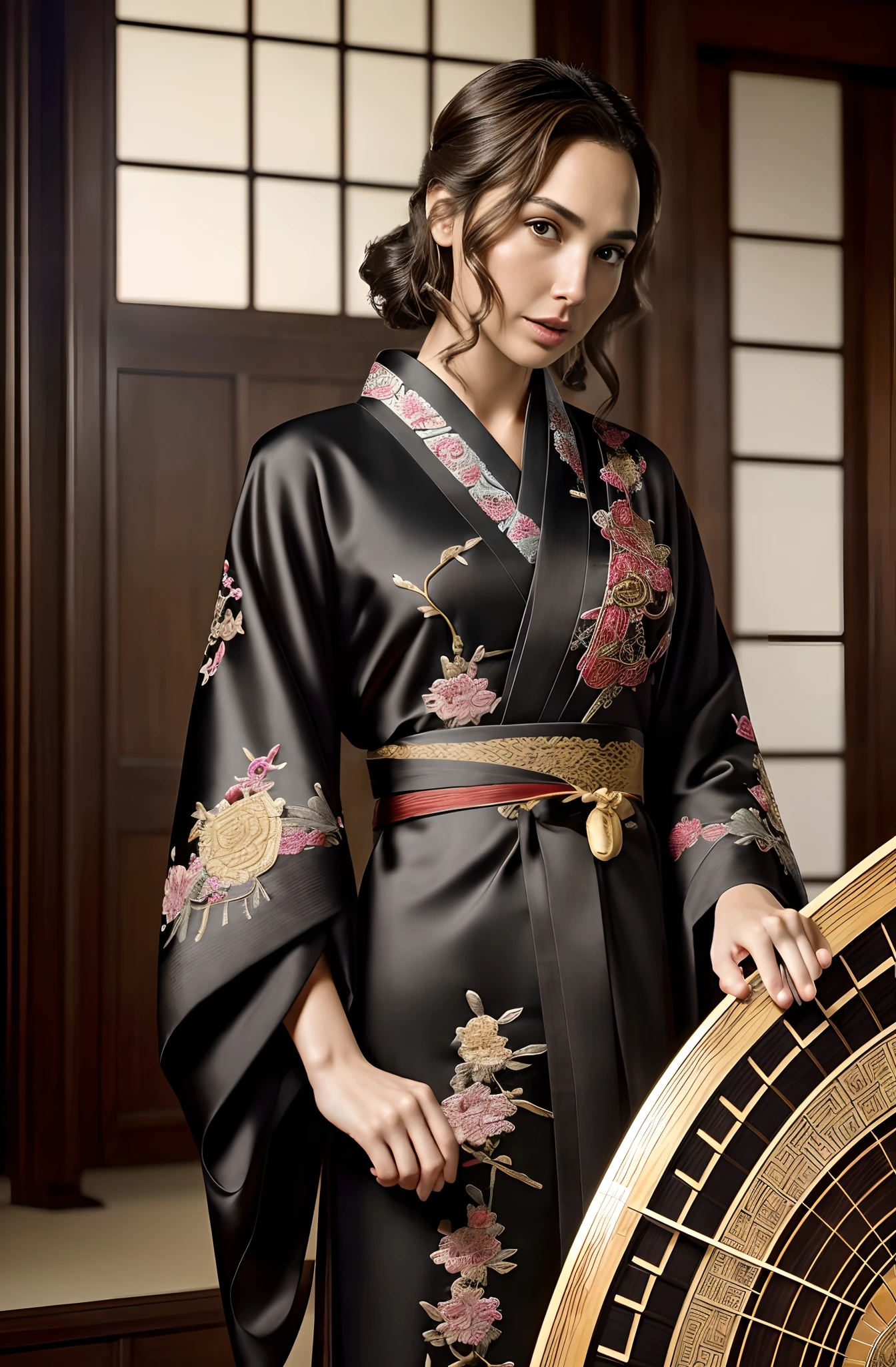 Gal Gadot, woman , Perfect eyes, Beautiful face,pale brown hair, short detailed hair, bobo head, side parted hair,Background of details(Concert Hall),Break ,exquisite costumes(Luxury kimono(black kimono(Detailed Embroidery))),Break,,(Play the guzheng:1.2),Break,Wallpapers 16K,blur backgroun,(masutepiece:1.5), (Best quality:1.5),