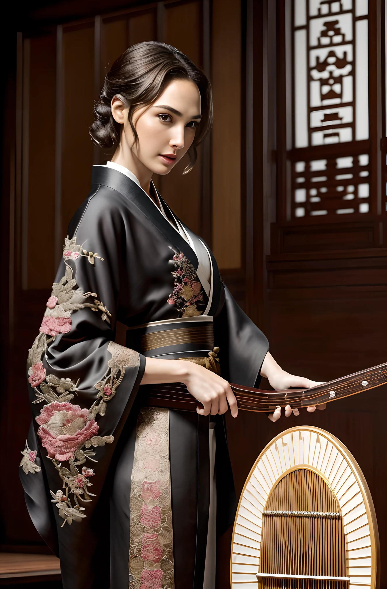 Gal Gadot, woman , Perfect eyes, Beautiful face,pale brown hair, short detailed hair, bobo head, side parted hair,Background of details(Concert Hall),Break ,exquisite costumes(Luxury kimono(black kimono(Detailed Embroidery))),Break,,(Play the guzheng:1.2),Break,Wallpapers 16K,blur backgroun,(masutepiece:1.5), (Best quality:1.5),