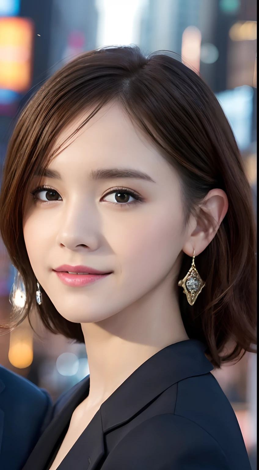 (A hyper-realistic), (hight resolution), (8K), (ighly detailed),  (beatiful detailed eyes), (top-quality), (ultra-detailliert), (​masterpiece), (A detailed face), softfocus、face of emma watson、Colossal tits、japanes、Times Square background photographed in New York、louis vuitton suit、Luxurious earrings、hair arrange、A smile