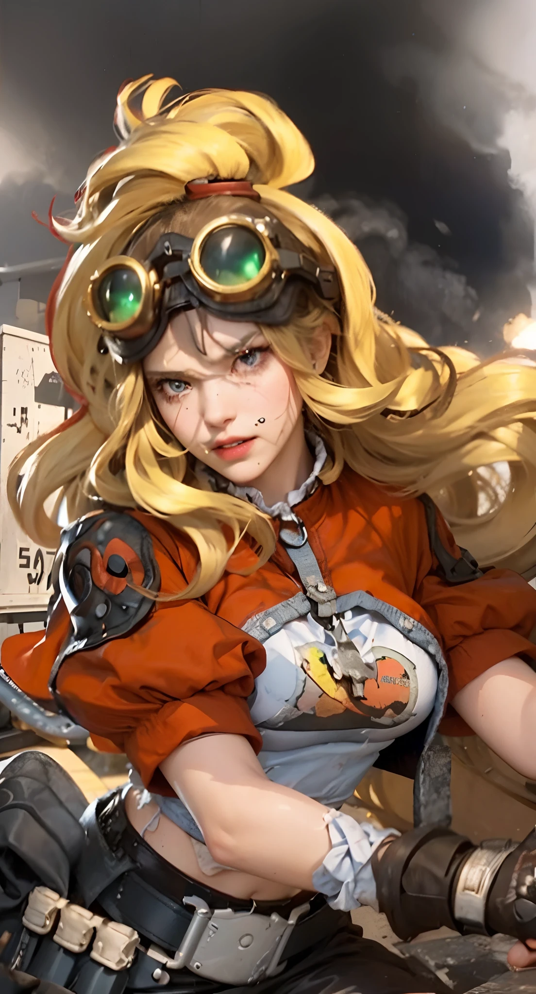 Real life adaption of this character, beauty face,looking to viewer,realistic same hair,realistic battlefield background with black smoke, hyper realistic, realistic light, realistic shadow, realism,(photorealistic:1.2), (realistic same outfit),(realistic same accecories) , realistic same bag, realistic same gloves, realistic same belt, realistic same necklace, realistic same Pilot helmet