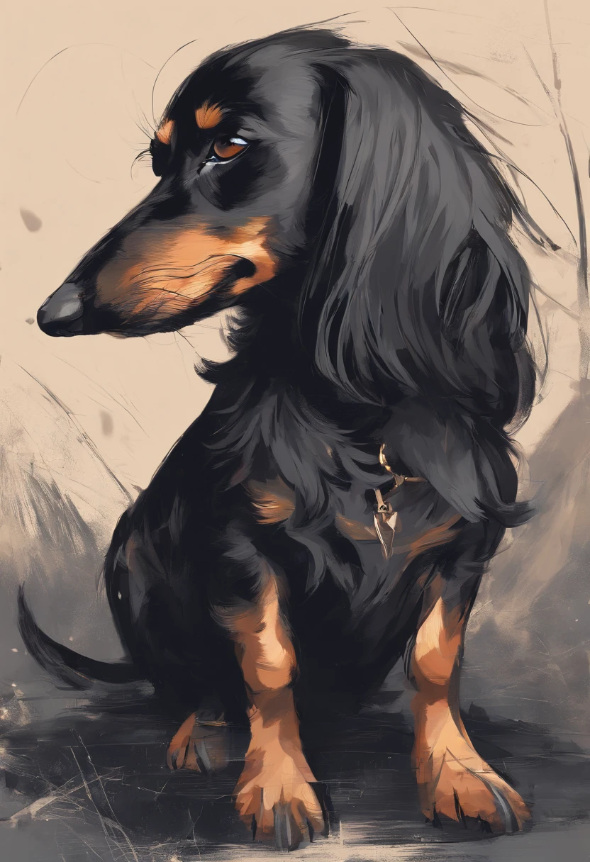 (All Black fur, Weiner dog), (long black hair with floppy ears), short legs, black dog, scruffy, (brown eyes)