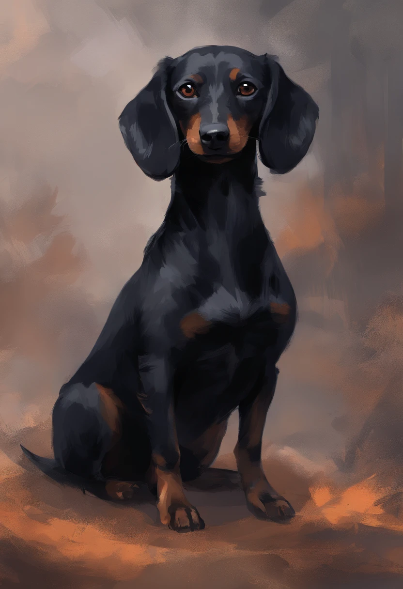 (All Black fur, Weiner dog), (long black hair with floppy ears), short legs, black dog, scruffy, (brown eyes)
