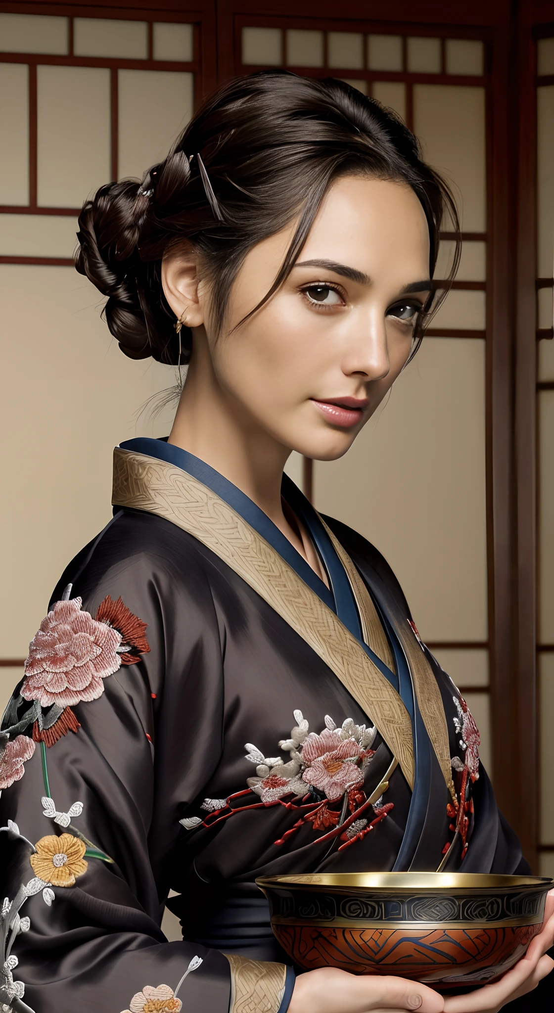There was a woman sitting at the table，Gal Gadot,   Perfect eyes, Beautiful face，pale brown hair, short detailed hair, bobo head, side parted hair,Background of details，Break ,exquisite costumes(Luxury kimono(red kimono(Detailed Embroidery)),Break,Wallpapers 16K,(masutepiece:1.5), (Best quality:1.5),Carrying a bowl of food,