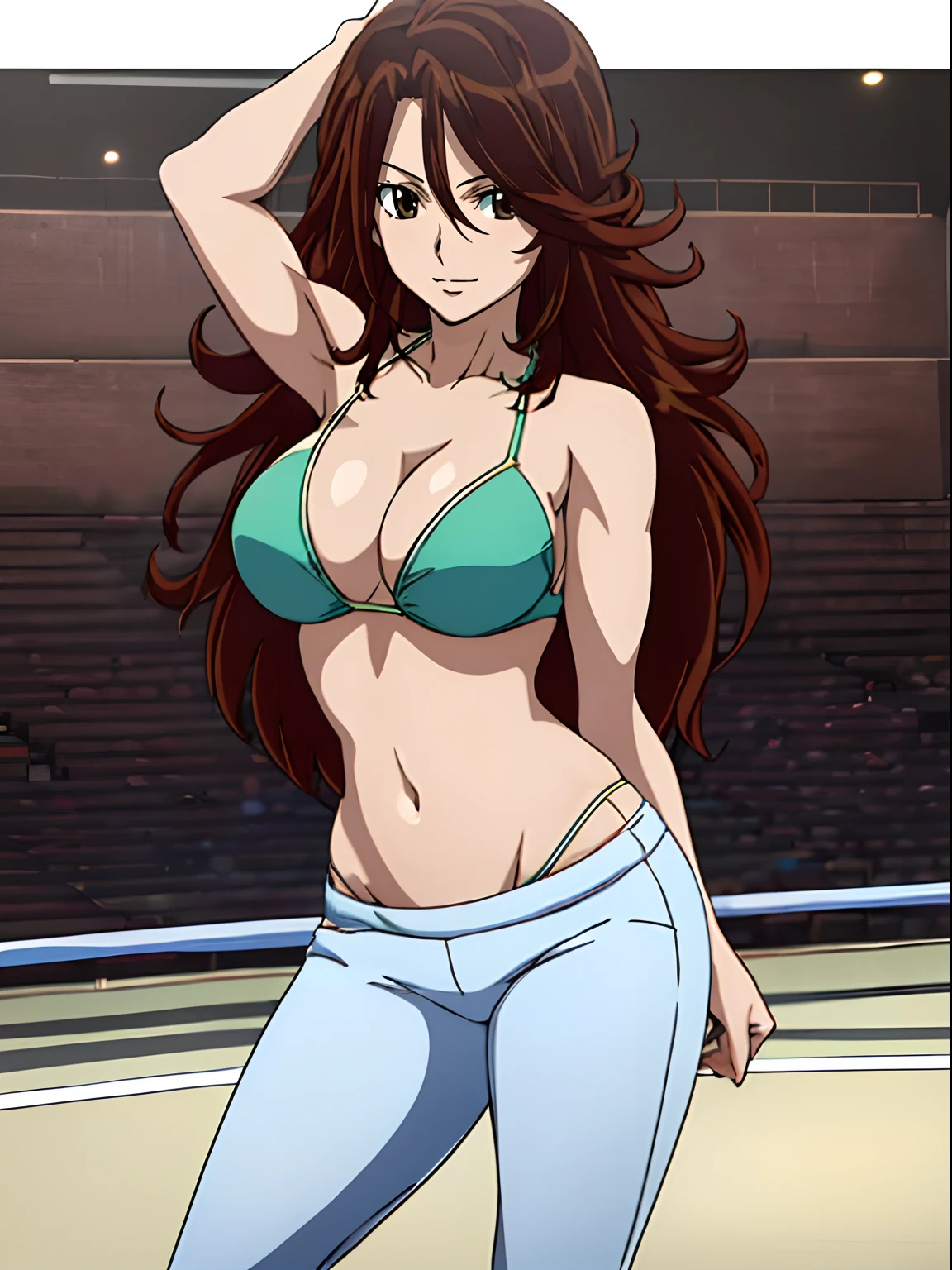 Elegant lady, very close view, anime style: 1.8, anime drawing, ultra detailed face, ultra detailed body, 4k, Sumergai Lee Noriega, ((standing on wrestling arena)), best quality, anime style, hires, highest definition, digital blending, bold drawing lines, (only WHITE background), ( slim body, (little biceps), , off-shoulders, closed fists, (curvy: 2.8)), ((bikini top and bottom with trousers))), gentle, (pale skin, shiny skin, very big breasts, smile), (big eyes, brown eyes), (brown hair, loose hair), 27 years old,