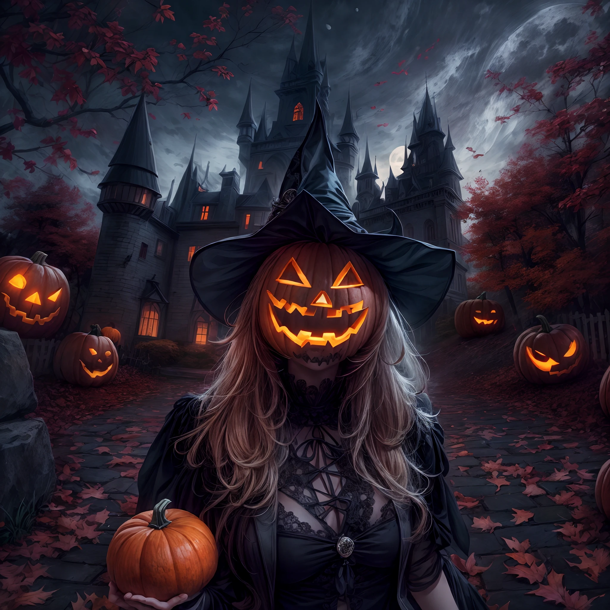 Generate a high-definition image of a witch riding a broomstick. The background is a windy night sky, and the witch is holding a Jack-o'-lantern. The witch is dressed in a black dress and a pointed hat, with her hair flowing in the wind. The witch should be playing a violin. The witch should be anatomically accurate and detailed. The overall atmosphere should be fantastical and magical.