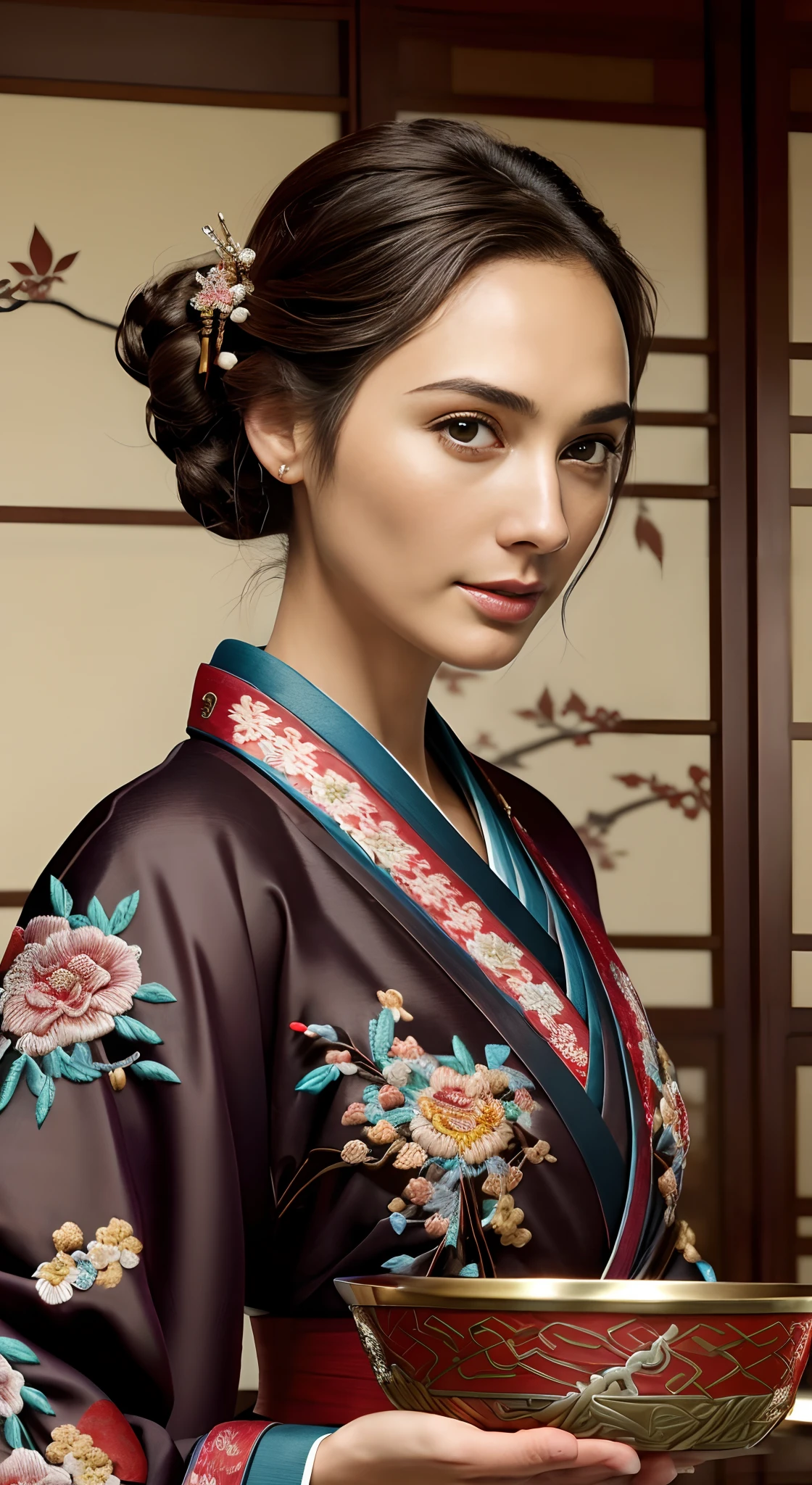 There was a woman sitting at the table,Gal Gadot, Perfect eyes, Beautiful face,pale brown hair, short detailed hair, bobo head, side parted hair,Background of details,Break ,exquisite costumes(Luxury kimono(red kimono(Detailed Embroidery)),Break,Wallpapers 16K,(masutepiece:1.5), (Best quality:1.5),Carrying a bowl of food,(The cheekbones are 0 high.4)
