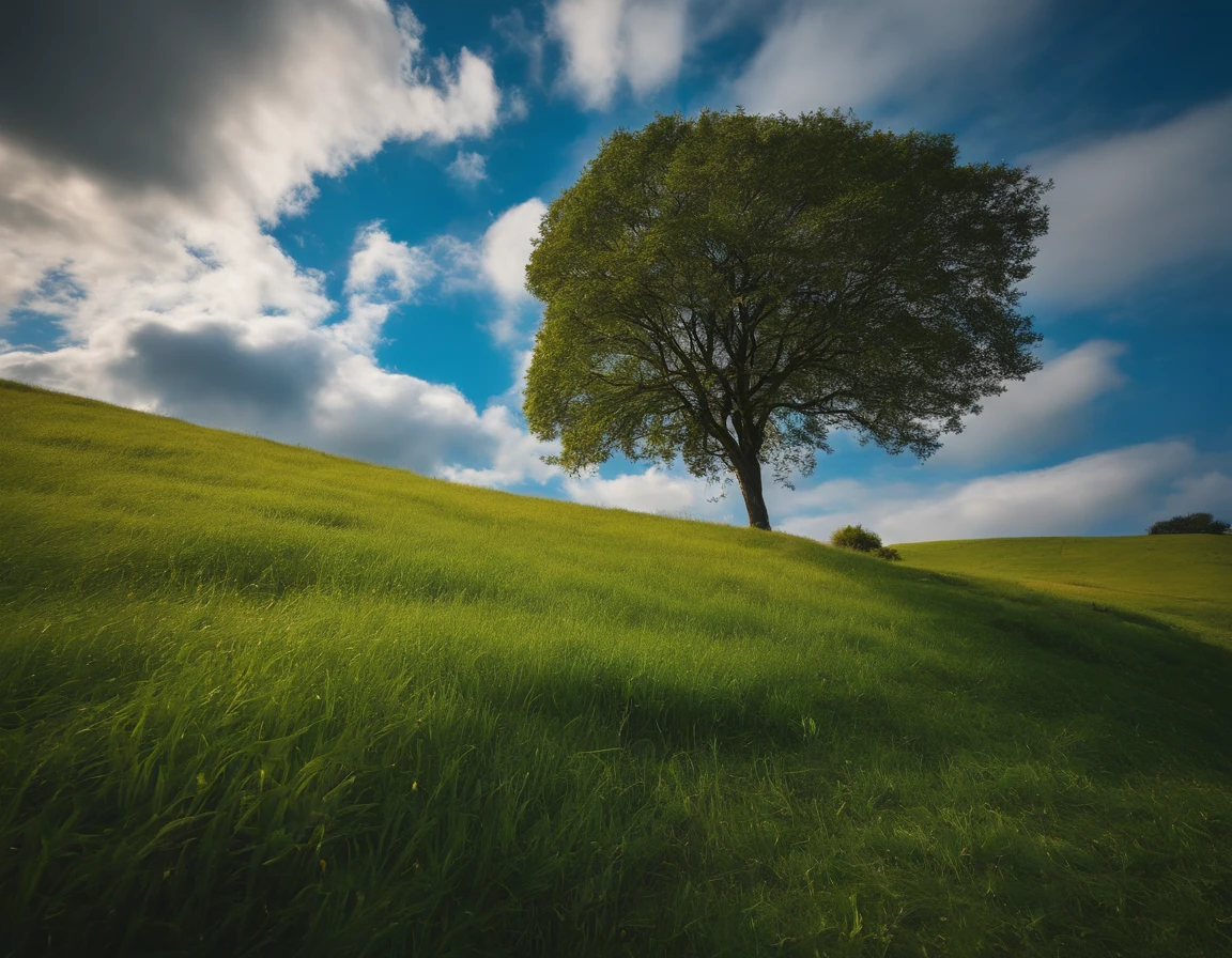 low angles、grass field、A hill、blue-sky