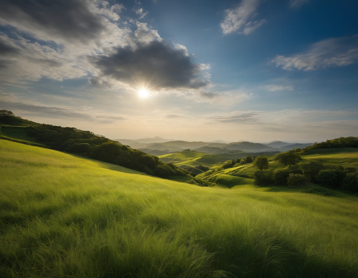 low angles、grass field、A hill、blue-sky