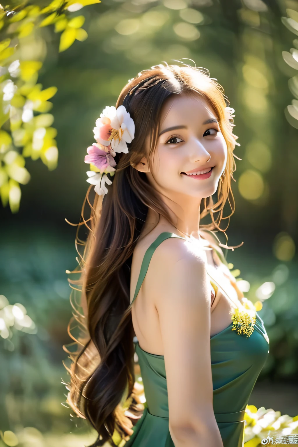 in woods、forest fae、​masterpiece、top-quality、独奏、(paler:1.04)、(Curta:1.15)And(Curvaceous)femele(flawless skin:1.11)And(teats:1.1)、A smile、full body Esbian、Beautiful standing figure、high angle and(Green dress)、((Near and far law:0.6)Green dress)、(face perfect:1.1)with an intricate(high detal:1.1)Body、covering the navel、hiding breast、covers、eyes up、s lips、wings grow on the back,、Gorgeous brown long wavy hair、photographed by lee jeffries nikon d850 film stock photograph 4 kodak portra 400 camera f1.6 lenses Rich colors Ultra-realistic textures Dramatic lighting Art Station Cinestar 800 Unreal Engine Trends