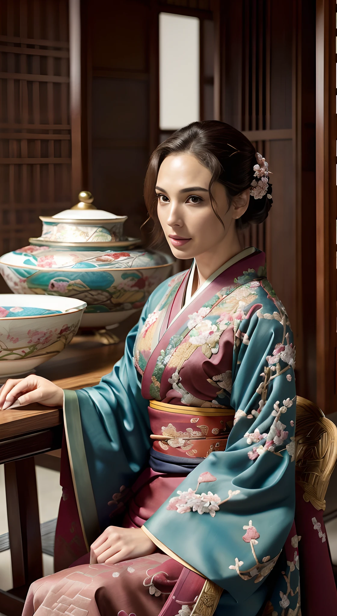 There was a woman sitting at the table,Gal Gadot, Perfect eyes, Beautiful face,pale brown hair, short detailed hair, bobo head, side parted hair,Background of details,Break ,exquisite costumes(Luxury kimono(red kimono(Detailed Embroidery)),Break,Wallpapers 16K,(masutepiece:1.5), (Best quality:1.5),Carrying a bowl of food,