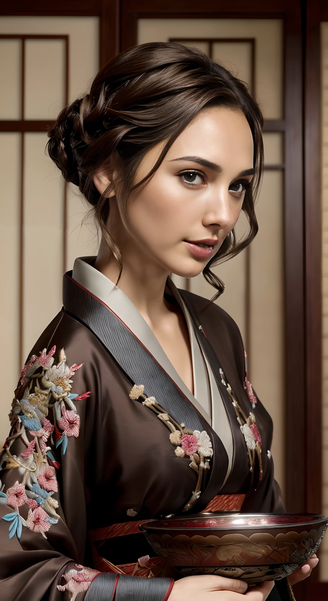Gal Gadot,   Perfect eyes, Beautiful face，pale brown hair, short detailed hair, bobo head, side parted hair，Background of details，Break ,exquisite costumes(Luxury kimono(red kimono(Detailed Embroidery)),Break,Wallpapers 16K,(masutepiece:1.5), (Best quality:1.5),Carrying a bowl of food,