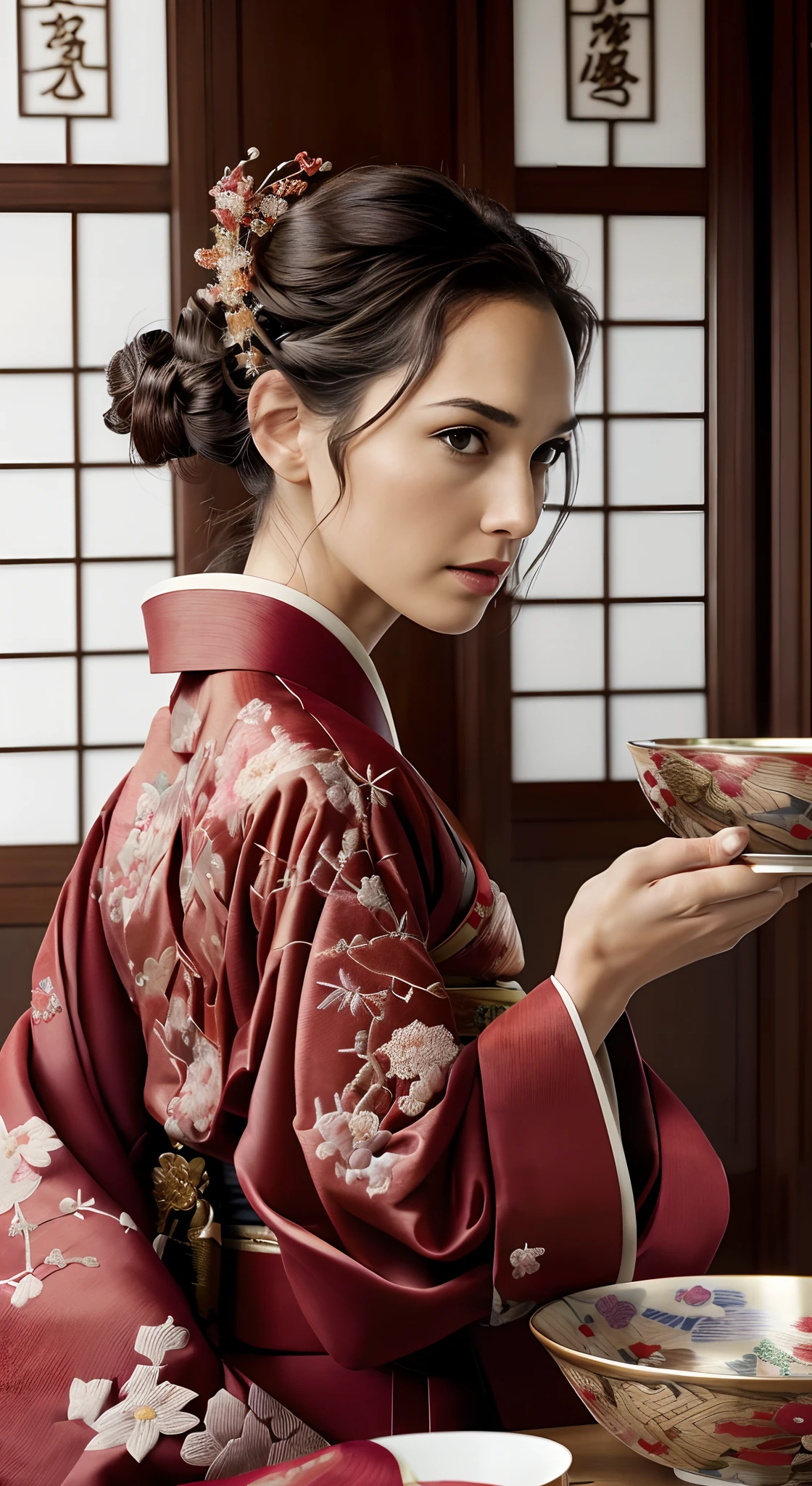 There was a woman sitting at the table,Gal Gadot, Perfect eyes, Beautiful face,pale brown hair, short detailed hair, bobo head, side parted hair,Background of details,Break ,exquisite costumes(Luxury kimono(red kimono(Detailed Embroidery)),Break,Wallpapers 16K,(masutepiece:1.5), (Best quality:1.5),Carrying a bowl of food,