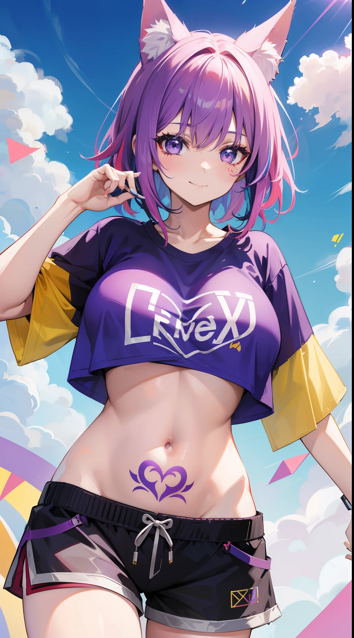 young girl, multi-colored hair, Short purple hair with yellow tips, Fox ears, blue eyes, Smile, open belly, Purple T-shirt, Huge-breasts, red tattoos, Shorts, Masterpiece, hiquality, 4k, HD, Good detail