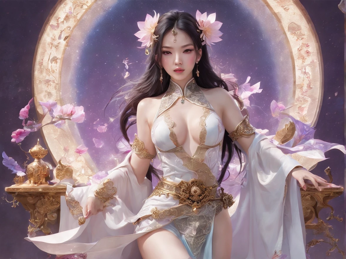 a close up of a woman in a sexy transparent white gold low-cut lace armor cleavage big breasts with a lotus flower in her hand, head jewelry, violet necklace, jade belt , toned abs, a beautiful fantasy empress, ((a beautiful fantasy empress)), beautiful celestial mage, beautiful character painting, full body xianxia, portrait knights of zodiac girl, by Yang J, g liulian art style, fantasy art style, foreshortening, (((NSFW:1.5)))