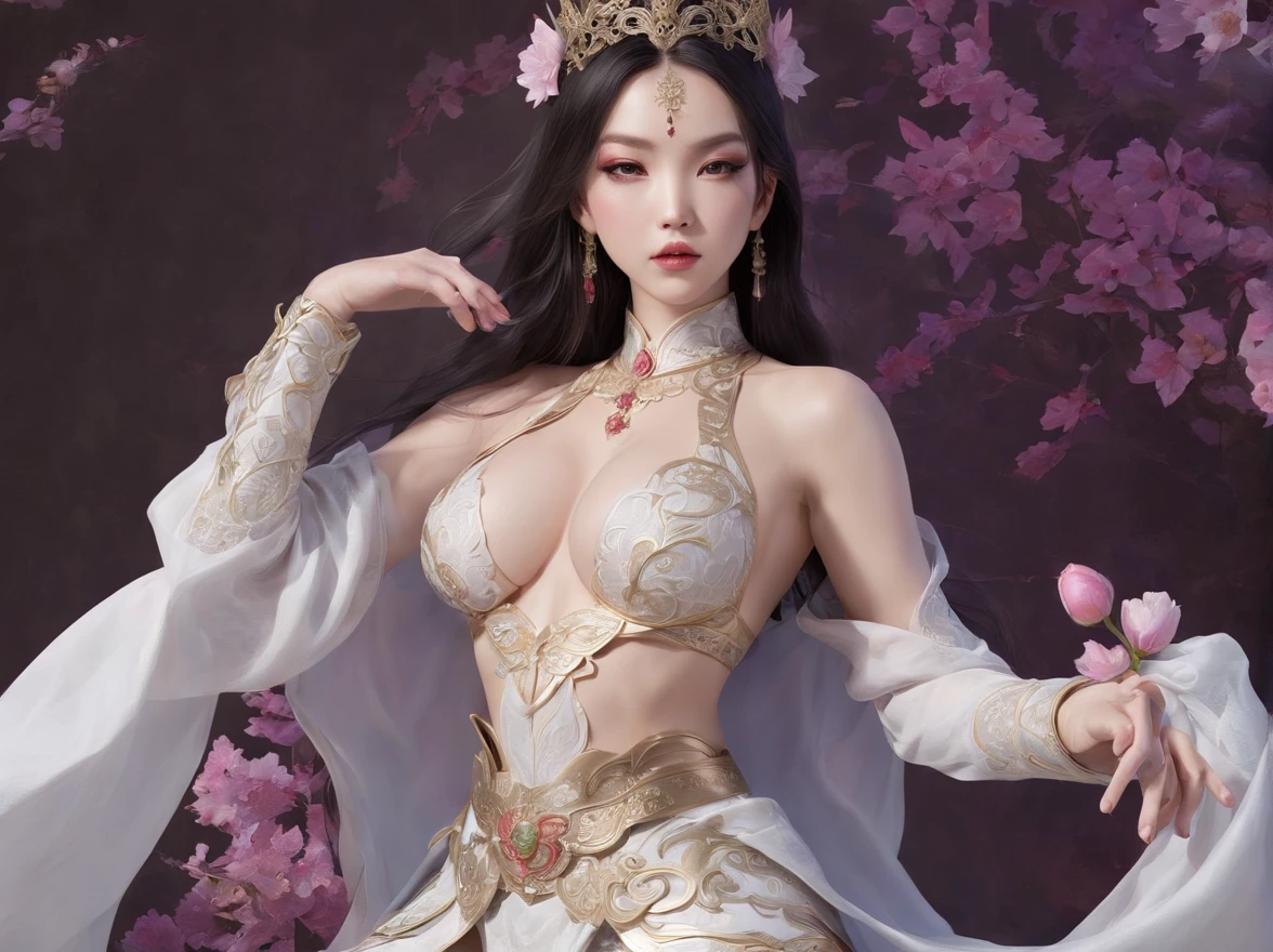 a close up of a woman in a sexy transparent white gold low-cut lace armor cleavage big breasts with a lotus flower in her hand, head jewelry, violet necklace, jade belt , toned abs, a beautiful fantasy empress, ((a beautiful fantasy empress)), beautiful celestial mage, beautiful character painting, full body xianxia, portrait knights of zodiac girl, by Yang J, g liulian art style, fantasy art style, foreshortening, (((NSFW:1.5)))