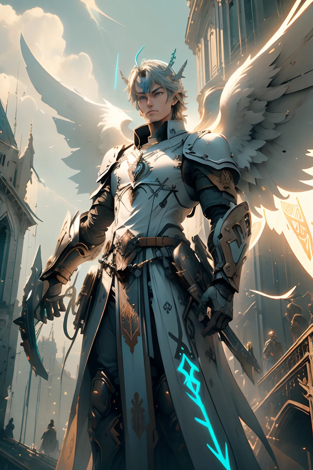 (((St. Michael the Archangel.))) ((( With a serious face))) (obra prima, qualidade superior, melhor qualidade, Arte Oficial, Beautiful and Aesthetic: 1.2), extremamente detalhado, (Arte Fractal: 1.3), Colouring, mais alto detalhado, rosto perfeito, parte superior do corpo, HDR, (Rezando: 1.3), (Trilhas luminosas: 1.2), Cores vibrantes,