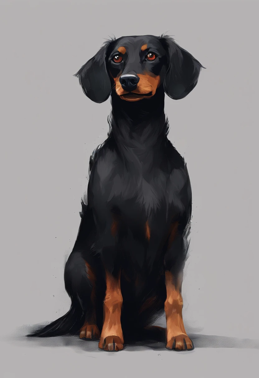 (All Black fur, Weiner dog), (long black hair, NO brown fur), short legs, black dog, (scruffy, floppy ears), (brown eyes)