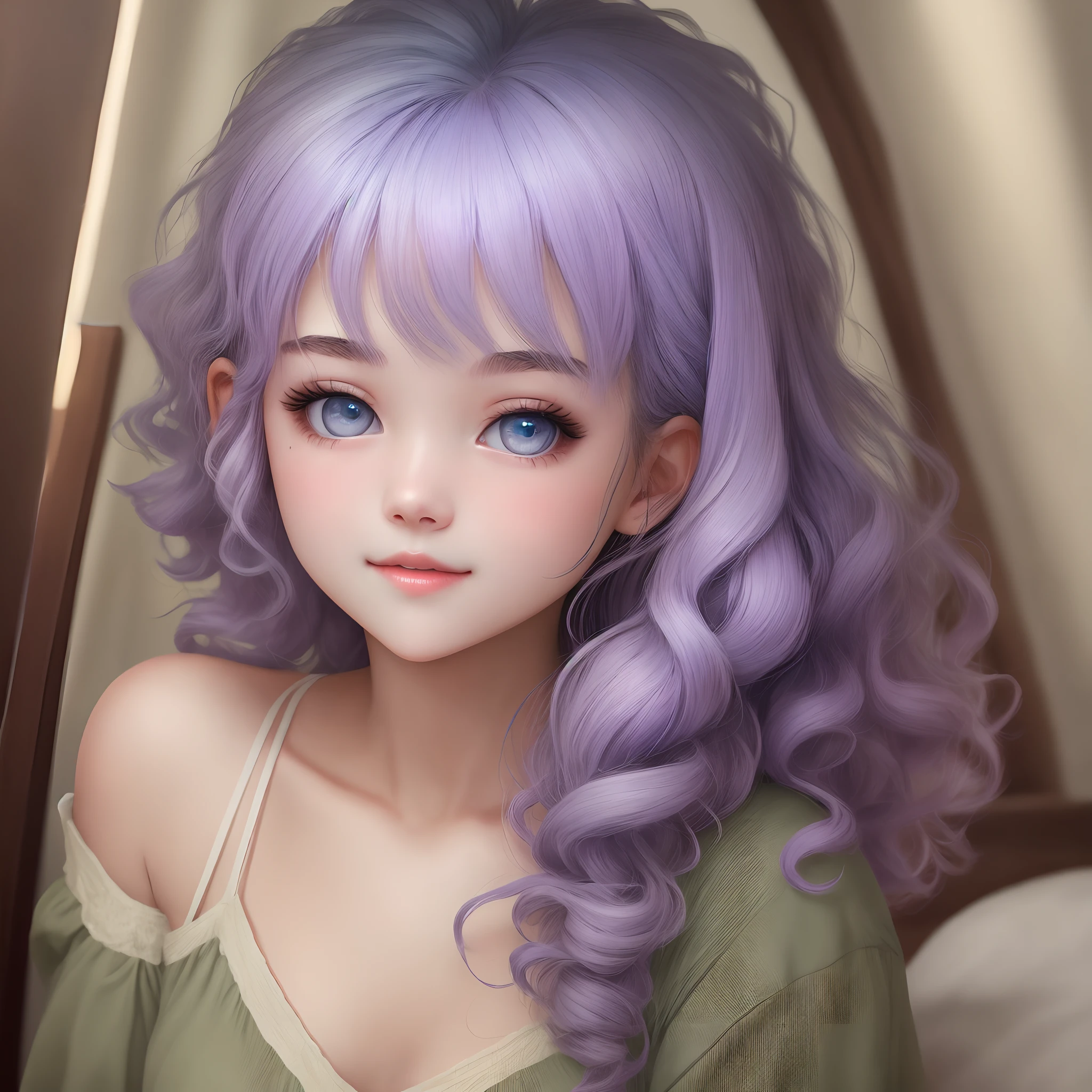  girl, beautiful, olive toned skin, light blue eyes, curly lavender hair, cute