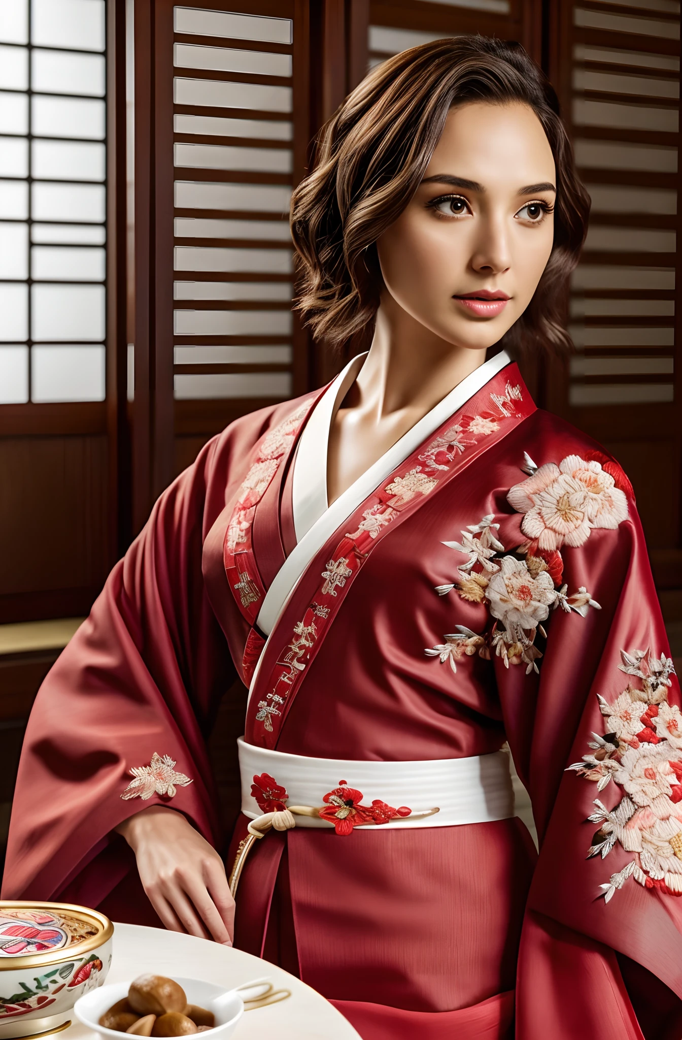 There was a woman sitting at the table,Gal Gadot, Perfect eyes, Beautiful face,pale brown hair, short detailed hair, bobo head, side parted hair,Background of details,Break ,exquisite costumes(Luxury kimono(red kimono(Detailed Embroidery))