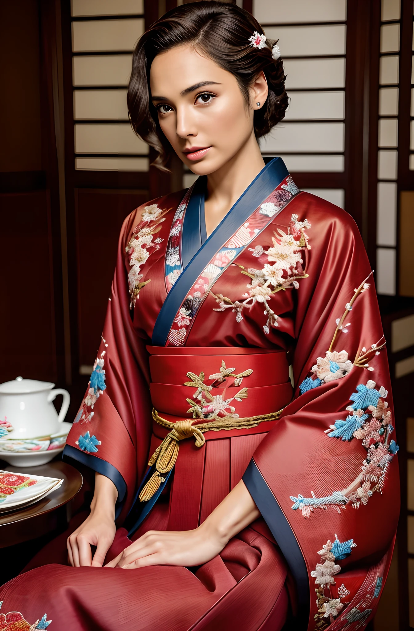 There was a woman sitting at the table,Gal Gadot, Perfect eyes, Beautiful face,pale brown hair, short detailed hair, bobo head, side parted hair,Background of details,Break ,exquisite costumes(Luxury kimono(red kimono(Detailed Embroidery))
