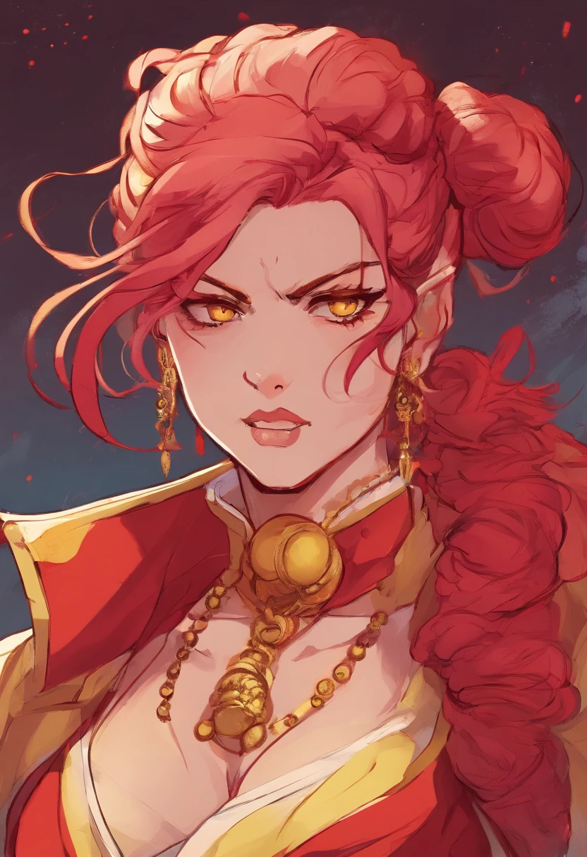 Mature anime woman, crimson hair, yellow eyes, hair in bun, pearls in hair, red Victorian dress, gold eyeshadow, glossy lips, long eyelashes