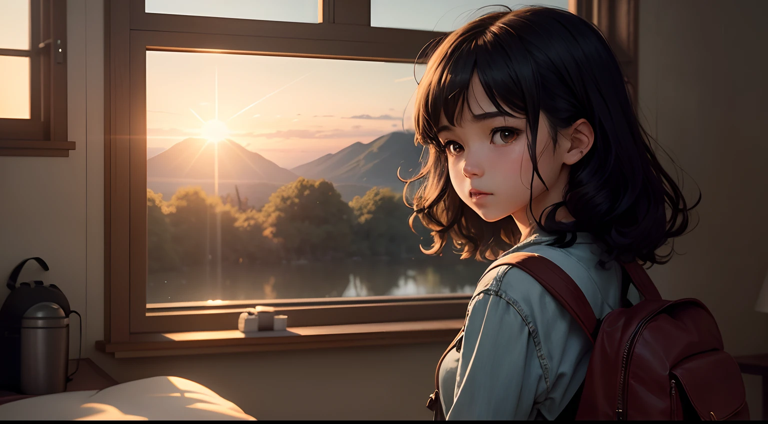 Lofi girl in bed, morning light coming through the window, Lake Makoto Shinkai style, trending on ArtStation, UHD::1.5 centered composition at sunset in country lane with rustic charm:: Warm lighting, telephoto lens:: hands, fingers::-0.5 --ar 16:9 --niji --style interior (Full of tension, full of dramatic picture), (long-sleeved top), (denim Shorts),(girl, carrying a backpack),(black hair),(slightly curly hair),(back view),(silhouette in the sun):(0.8)