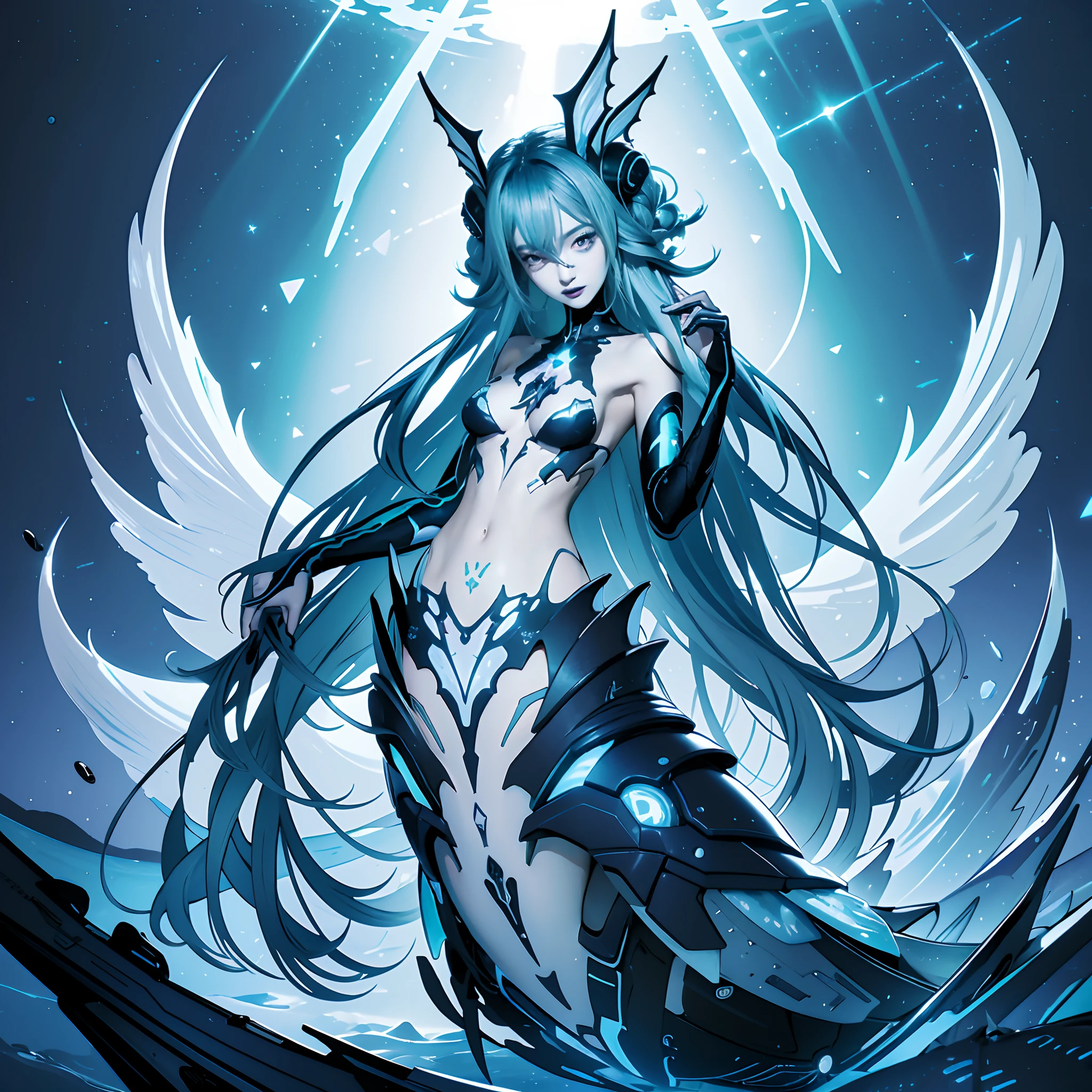 Masterpiece, Lamia Pugh, Best quality, Cyprus,Masterpiece, Ami Apog, Blue_lipstick, Blue_eyes liner, symbol-shaped_Eyes, Multicolored_Hair, Detached collar, head fins, hand on own head, Hand up, Head tilt, holographic interface, Mermaid tail, mermaid, mermaid.full bodyesbian, Lamia Pugh, blue lipstick
