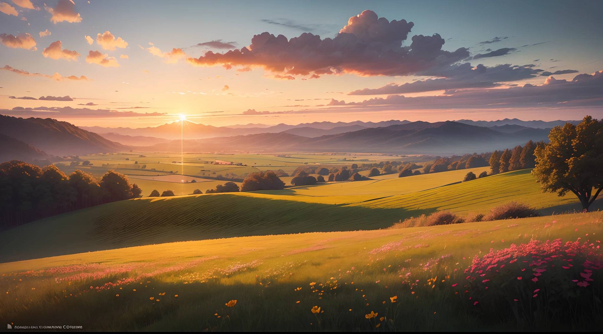 (best quality,highres:1.2),radiant sunrise over calm and serene landscape,windswept,beautiful flowers,texture details, lush green grass.