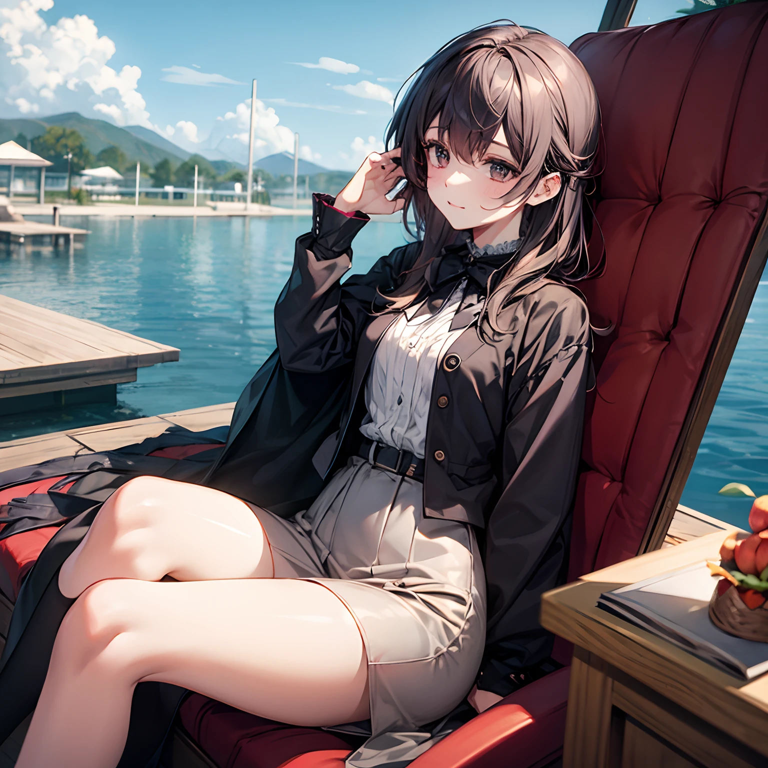 absurdres, RAW photo, extremely delicate and beautiful, masterpiece, Best Quality, ultra high resolution, 32k, hyperrealistic, ultra-detailed, in her 20s, delicate facial features, tearful mole, earring, medium breasts, full body shot, shorter middle hair, black hair, skirt, button up shirt,