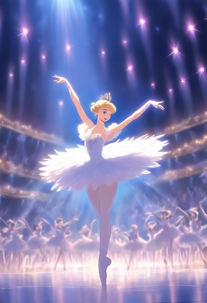 garotinha, Use um tutu branco, Swan Lake dance on stage, fundo preto,stage lighting.