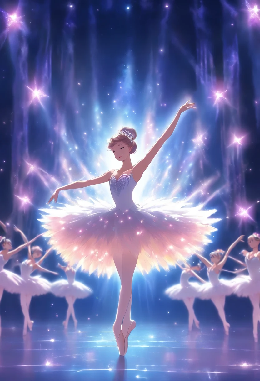 garotinha, Use um tutu branco, Swan Lake dance on stage, fundo preto,stage lighting.