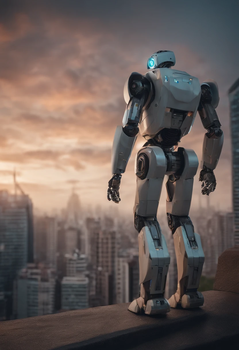 Robo entregando papel para humano em cidade movimentada. 4k realista