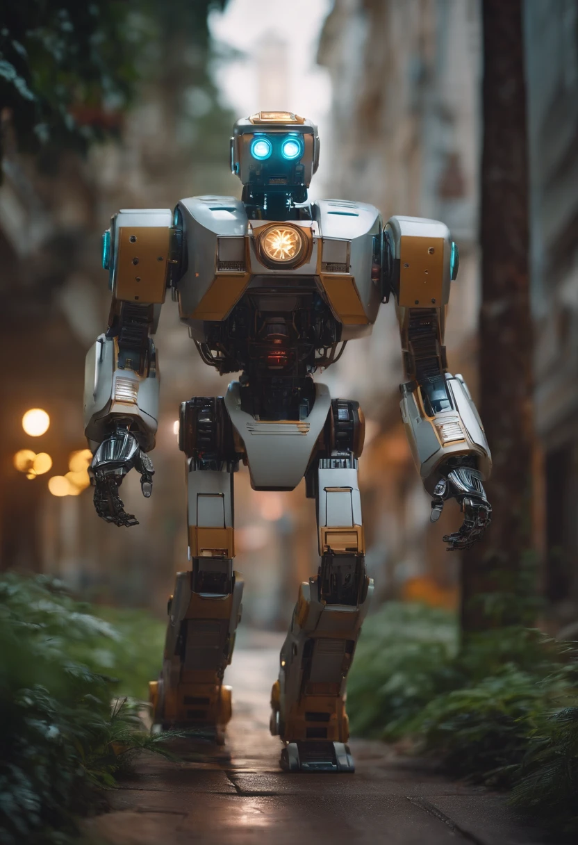Robo entregando papel para humano em cidade movimentada. 4k realista