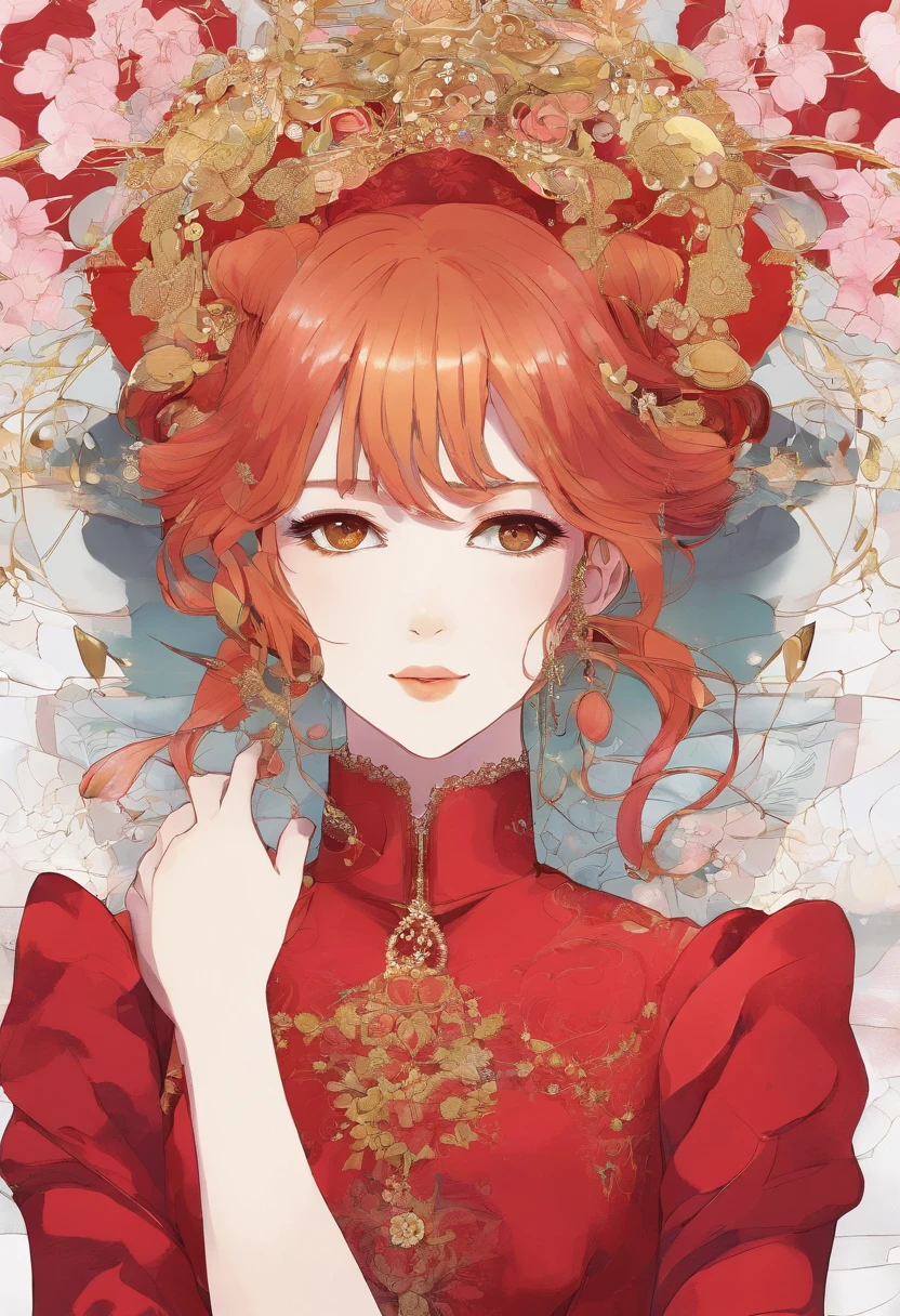 Mature anime woman, crimson hair, yellow eyes, hair in bun, pearls in hair, red Victorian dress, gold eyeshadow, glossy lips, long eyelashes