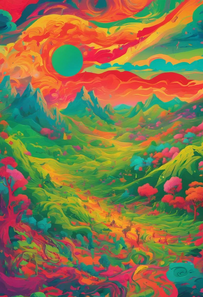 ((top-quality, 8K))Lots of rabbits running in the sunset,Green mountains,Red tree,There are ships flying in the sky