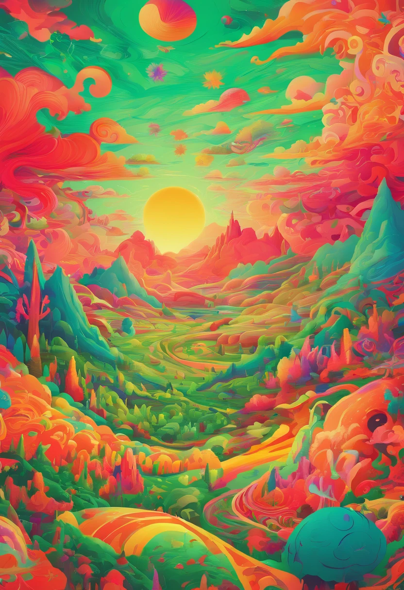 ((top-quality, 8K))Lots of rabbits running in the sunset，Green mountains，Red tree，There are ships flying in the sky