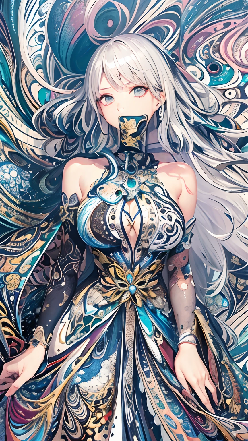 (masterpiece、top-quality、top-quality、Silvery hair、Official art、Beautifully Aesthetic:1.2)、(1girl in:1.3)、ighly detailed、(Fractal Art:1.2)、colourfull、highestdetailed、(Zentangle:1.2)、(Dynamic Pause) 、(Abstract background:1.5)、(Traditional dress:1.hinny skin)、(Many colors:1.4)、The upper part of the body