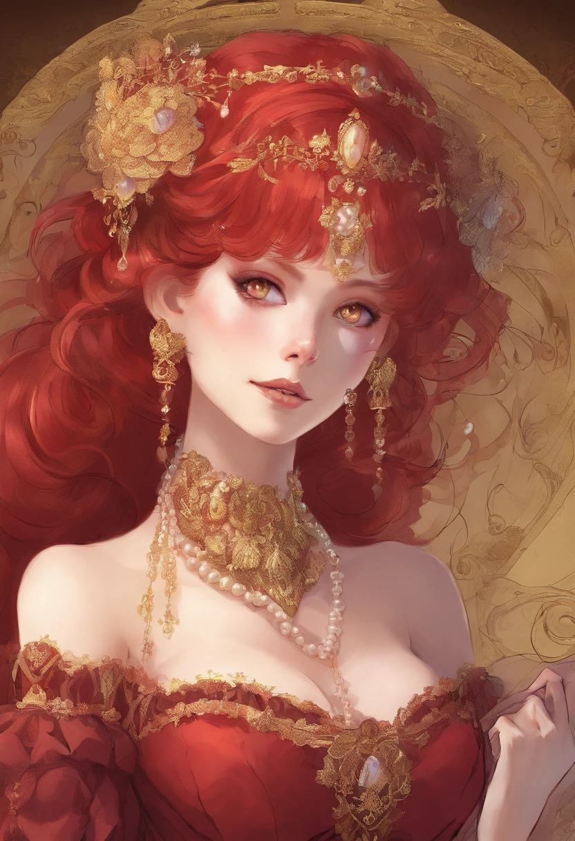 Mature anime woman, crimson hair, yellow eyes, hair in bun, pearls in hair, red Victorian dress, gold eyeshadow, glossy lips, long eyelashes