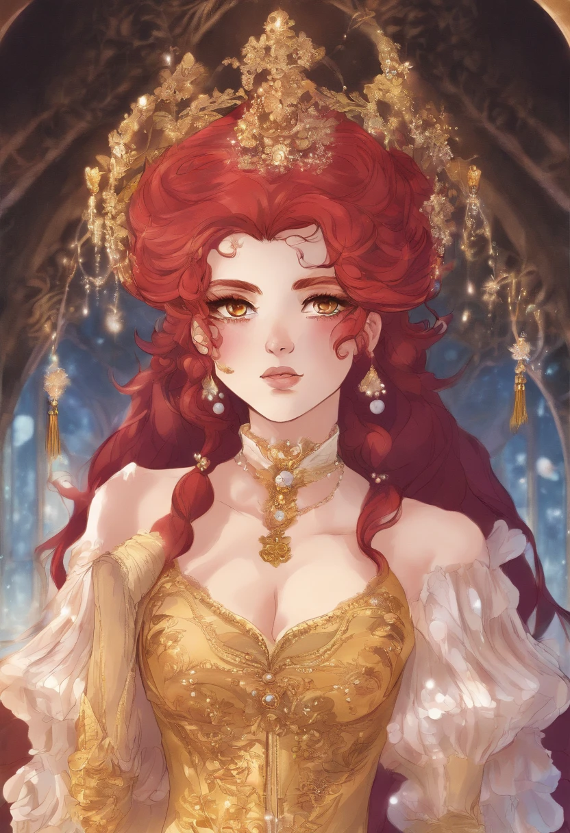Mature anime woman, crimson hair, yellow eyes, hair in bun, pearls in hair, red Victorian dress, gold eyeshadow, glossy lips, long eyelashes