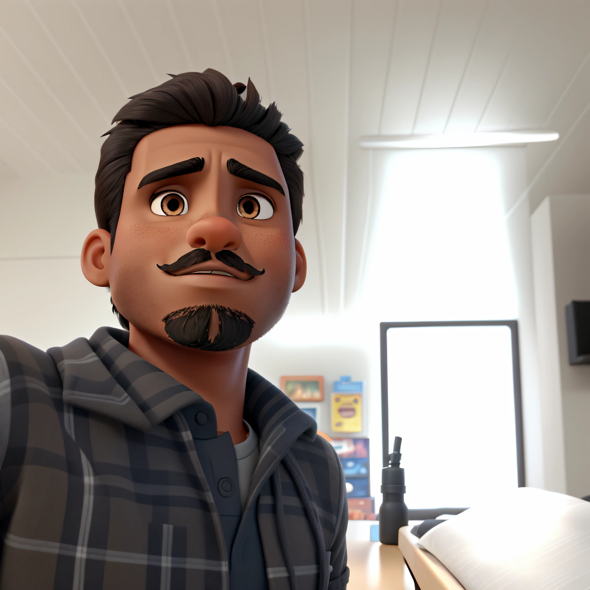A dark boy, tanned skin, thin goatee, rare mustache, brown eyes, disney pixar style, high quality, best quality