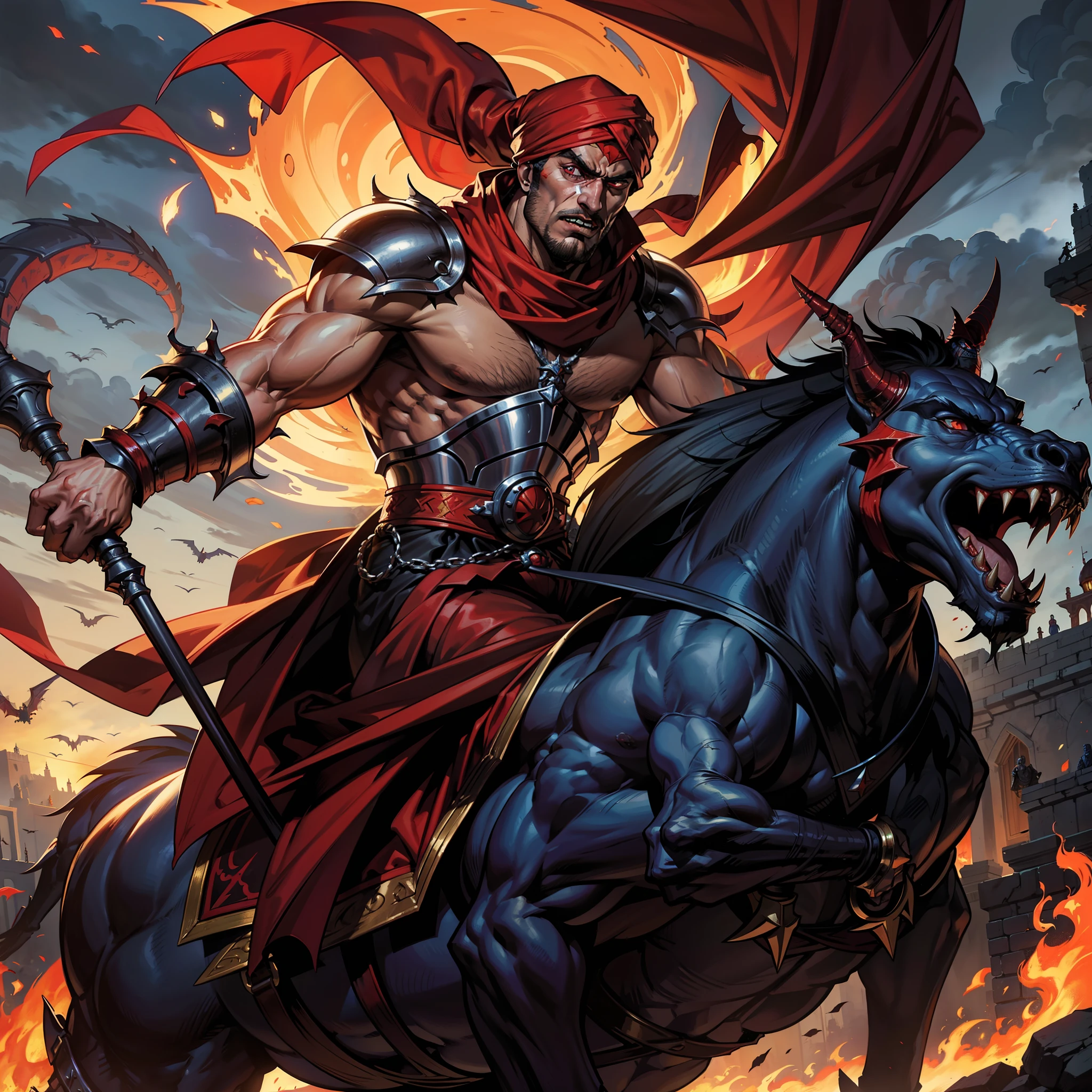 Super Detailed Dynamic Shot of Lord Dracula's Centerpiece Medieval Arab Warrior with a Red Turban Scary Face Hokuto No Ken Structure Muscular Face Kenshiro riding a legendary fire dragon Scary dragon marching with his Moroccan army